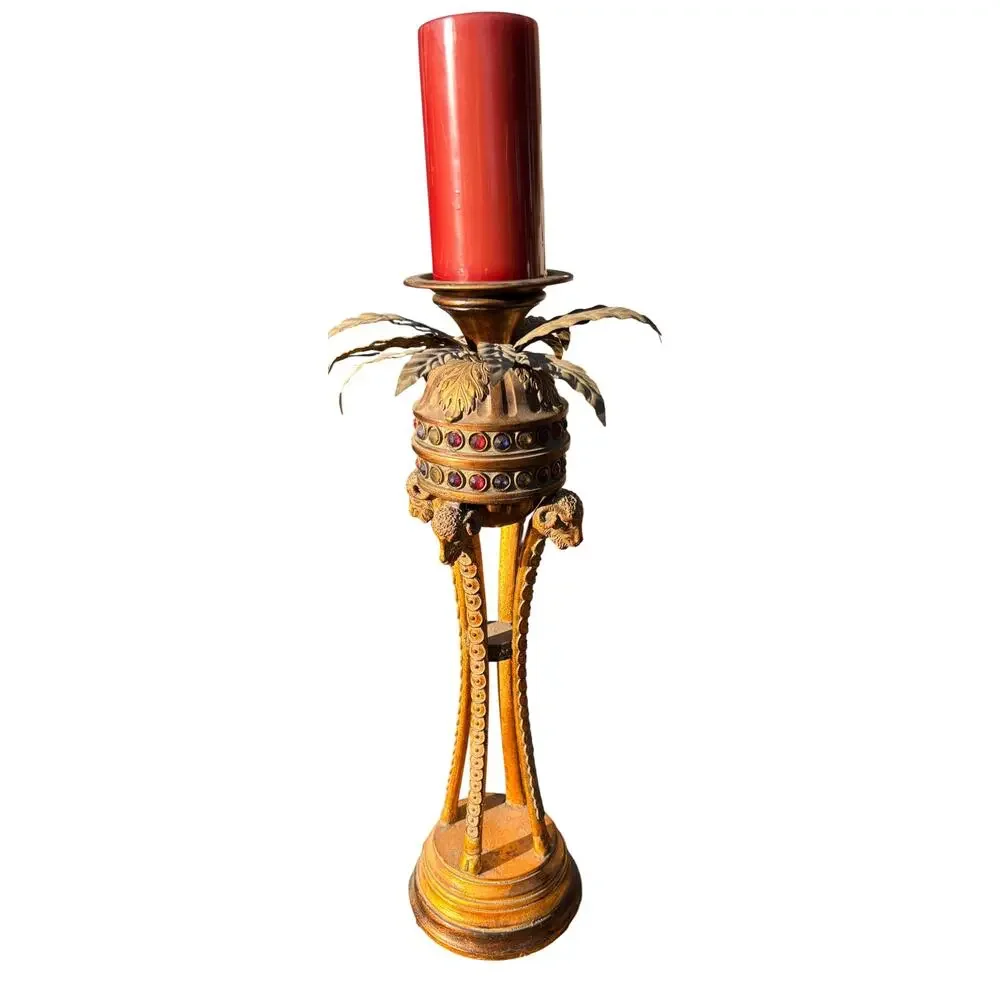 Pier 1 Gilt Metal Palm Tree Candle Holder Gemstone Accents Vintage Rams Head 22
